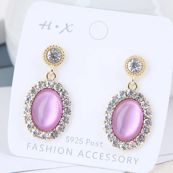 Regal Pink & Rhinestone Oval Drop Earrings - Picture 2 of 7